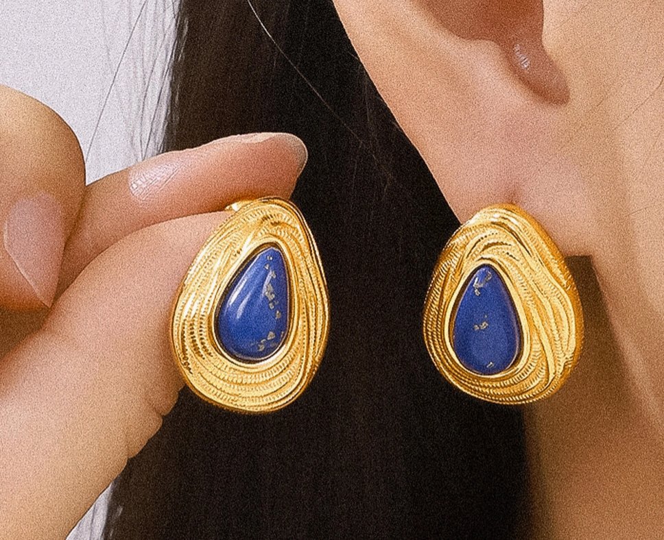 Tulia 18K Gold Non - Tarnish Lapis Lazuli Droplet Earring - Madmoizelle Closet